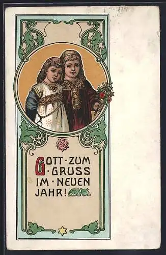 AK Mädchen mit Blumen zum neuen Jahr, Jugendstil
