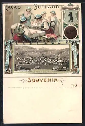 Lithographie Appenzell, Ortsansicht, Frauen bei der Handarbeit, Reklame für Kakao Suchard, Wappen
