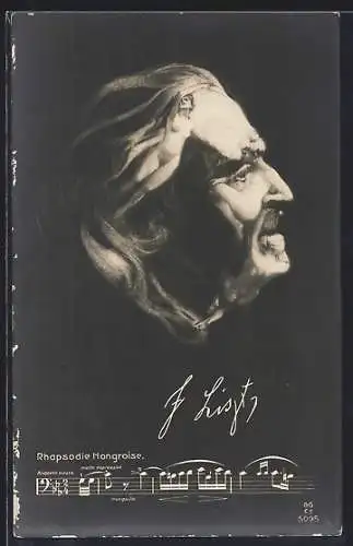 AK Musiker Fr. Liszt, Seitenportrait mit Frauenkörpern, Metamorphose