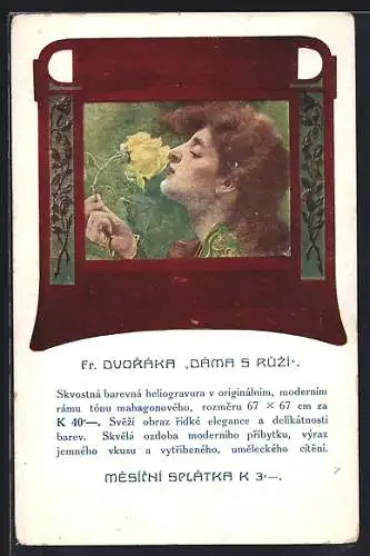 AK Prag J. Otty Bilderrahmen-Fabrik, Frau riecht an einer Rose im Jugendstil