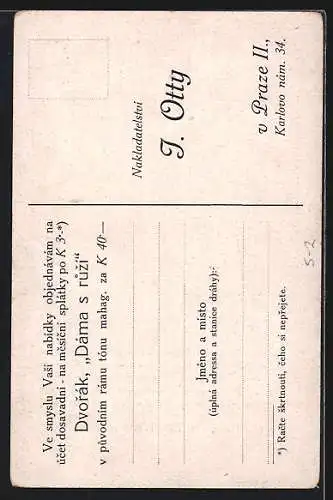 AK Prag J. Otty Bilderrahmen-Fabrik, Frau riecht an einer Rose im Jugendstil