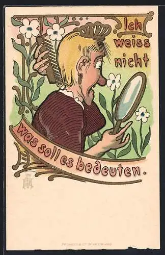 Künstler-AK Alte Frau mit Spiegel kämmt sich das Haar, Jugendstil