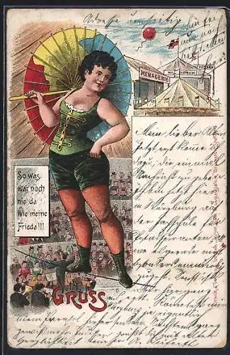 Lithographie Seiltänzerin Frieda mit Schirm, Zirkuszelt auf einem Volksfest