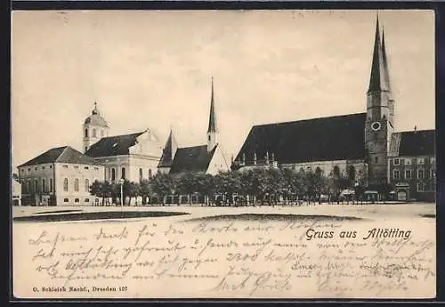 AK Altötting, Ortspartie mit Kirche und Parkanlage