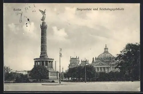 AK Berlin-Tiergarten, Siegessäule und Reichstagsgebäude