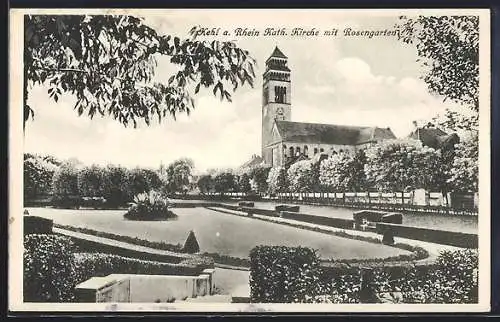 AK Kehl a. Rhein, Kath. Kirche mit Rosengarten