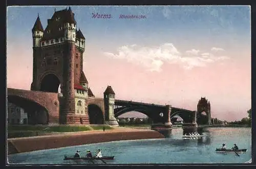 AK Worms, Rheinbrücke mit Ruderbooten
