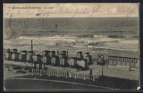 AK Norderney, Herrenbad mit Badegästen und Badenkarre