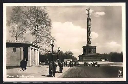 AK Berlin-Tiergarten, Die Siegessäule mit Fussgängern und Autos