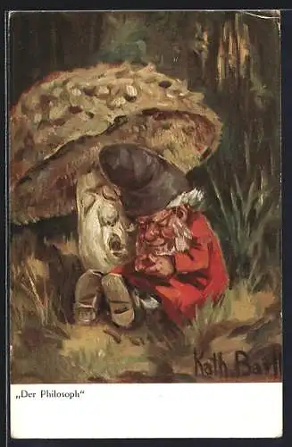 Künstler-AK K. Barth: Der Philosoph, Zwerg macht ein Nickerchen am Pilz