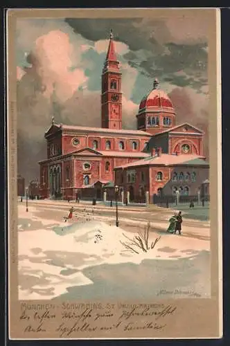 Künstler-AK Zeno Diemer: München-Schwabing, Blick auf die St. Ursulakirche im Winter