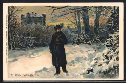 Künstler-AK Fritz Bergen: Hohenschwangau, König Ludwig II. von Bayern beim Winterspaziergang