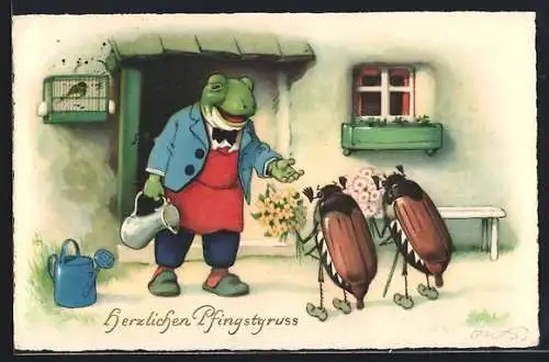 Künstler-AK Fritz Baumgarten: Frosch begrüsst zwei Maikäfer