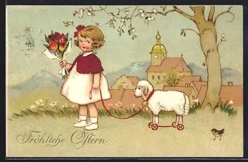 AK Mädchen mit Lamm auf Rollen und Blumenstraus in der Hand