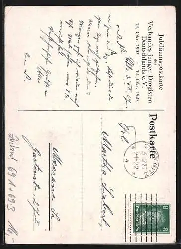 AK Jubiläumskarte des Verbandes junger Drogisten Deutschlands e.V., 1902-1927