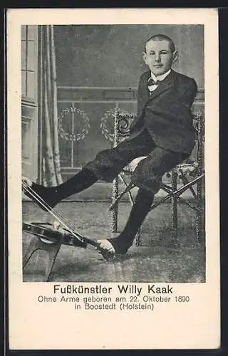 AK Der armlose Willy Kaak spielt mit seinen Füssen Geige