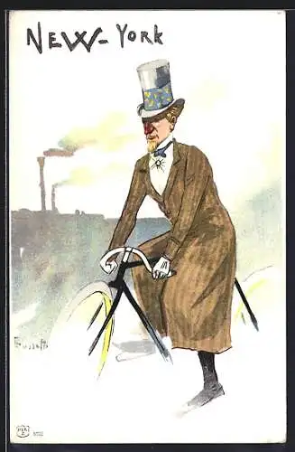 Künstler-AK sign. Rossetti: New York, Radfahrer mit Zylinder