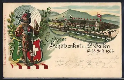 Lithographie St. Gallen, Eidgen. Schützenfest 1904, Festhalle, Schütze mit Gewehr vor Zielscheibe