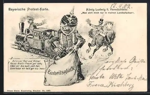 Künstler-AK Preusse stiehlt Post, Bahn und Militär aus Bayern, Bayerische Protest-Karte