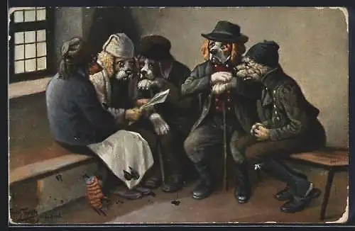 Künstler-AK Arthur Thiele: Die Dorfpolitiker, Dackel