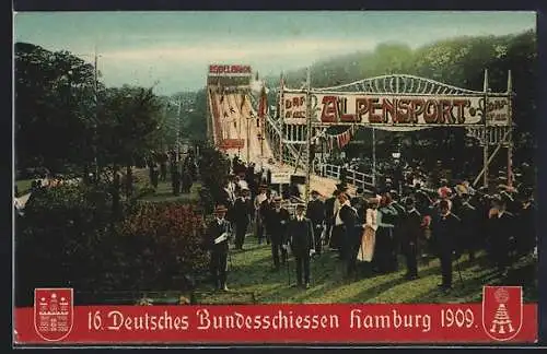AK Hamburg, 16. Deutsches Bundesschiessen 1909, Sommer-Rodelbahn mit Besuchern
