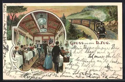 Lithographie Fahrgäste im Zugrestaurant, abendliche Eisenbahnfahrt, illuminiert