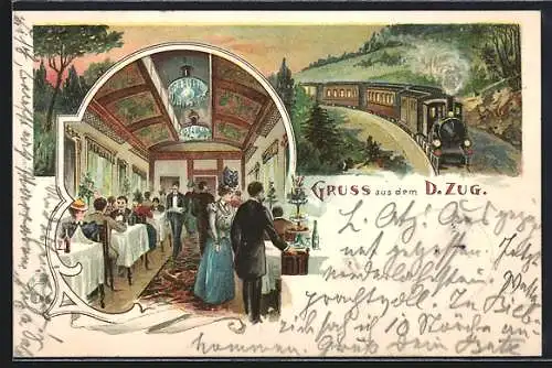 Lithographie Fahrgäste im Zugrestaurant, abendliche Eisenbahnfahrt, illuminiert