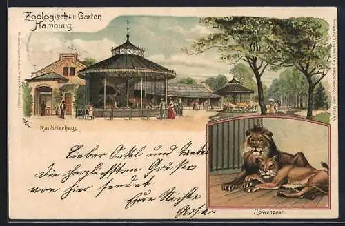 Lithographie Hamburg, Zoologischer Garten, Raubtierhaus mit Tigern, Löwenpaar