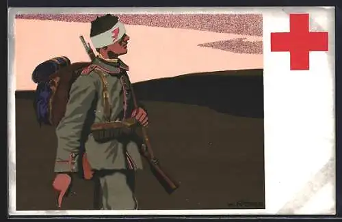 Künstler-AK W.I.: Verwundeter Soldat in Uniform, Rotes Kreuz