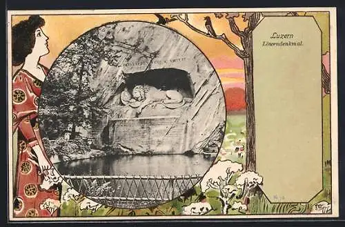 Künstler-AK Luzern, Löwendenkmal im Jugendstil-Passepartout, Dame auf einem Feld