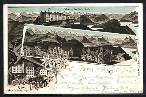 Vorläufer-Lithographie Rigi, 1895, Schreibers Rigi-Kulm Hotels & Hotel u. Pension Rigi-Staffel