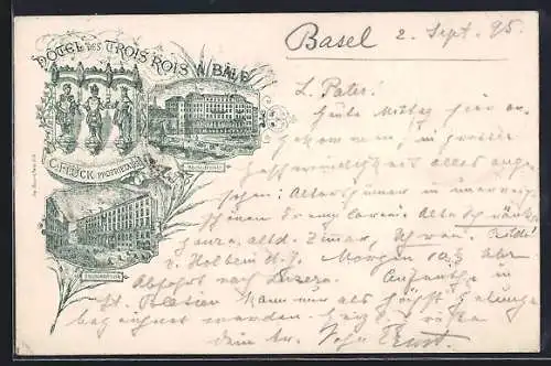 Vorläufer-Lithographie Basel, 1895, Hôtel des trois Rois a Bâle, Propr. C. Flück