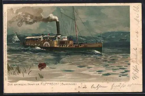 Künstler-Lithographie Zeno Diemer: Dampfer Rupprecht auf dem Bodensee