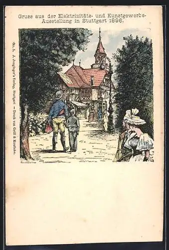 Künstler-AK Stuttgart, Elektrizitäts- und Kunstgewerbe-Ausstellung 1896, Blick auf ein Ausstellungsgebäude