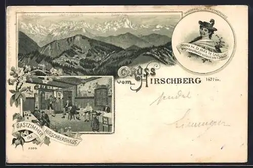 Lithographie Tegernsee, Hirschberghaus, Gastzimmer, Zugspitze, Frau in Trachten