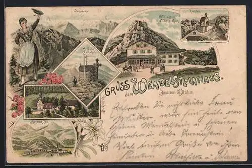 Vorläufer-Lithographie Wendelsteinhaus, 1895, Touristenhaus v. G. Böhm, Kirchlein, Gipfel, Panorama