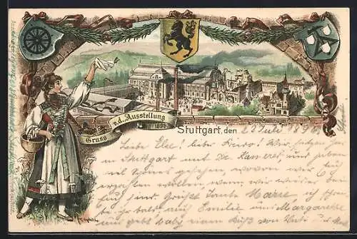 Lithographie Stuttgart, Ausstellung 1896, Messegelände und Stadtwappen
