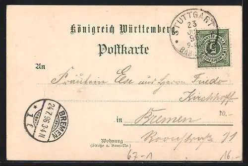 Lithographie Stuttgart, Ausstellung 1896, Messegelände und Stadtwappen