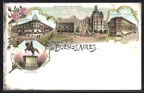 Lithographie Buenos Aires, Calle Libertad esq. Arenales, Boulevard Avenida de Mayo, Calle Suipacha esq. Piedad