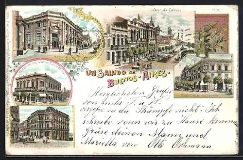 Lithographie Buenos Aires, Avenida Callao, Calle Callao esq. Lavalle, Banco de Londres y Rio de la Plata