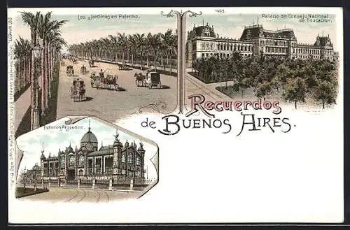 Lithographie Buenos Aires, Los Sardines en Palermo, Palacio del Consejo Nacional de Educación, Pabellon Argentino