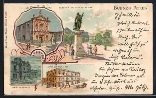 Lithographie Buenos Aires, Estatua de Adolfo Alsina, Iglesia de San Juan, Palacio Bonnet, Palacio Ocampo