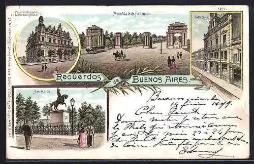Lithographie Buenos Aires, Avenida 3 de Febrero, Calle Cuyo, San Martin, Palacio Gonzales en la Avenida Alvear