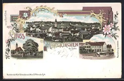 Lithographie Münzkirchen, Marktplatz, St. Sebastian, Ortsansicht