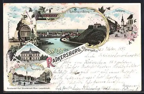 Lithographie Radkersburg /Steiermark, Sparkasse, Hauptplatz, Langegasse, Ortsansicht mit Schloss
