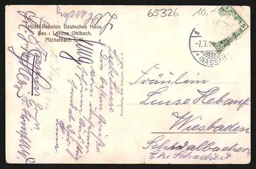 AK Michelbach i. Nassau, Hotel Deutsches Haus L. Ohlbach, Gesamtansicht mit Bahnschienen u. Bergpanorama