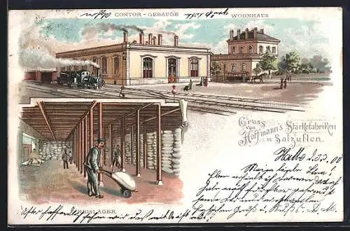 Lithographie Bad Salzuflen, Hoffmann`s Stärkefabriken, Bahnanlagen an Contor-Gebäude und Wohnhaus, Reislager