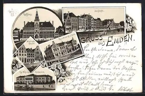 Vorläufer-Lithographie Emden, 1894, Kaiser Friedrich-Schule, Kgl. Wilhelms-Gymnasium, Rathaus und alte Emder Häuser