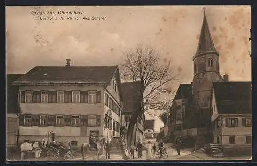AK Oberurbach / Remstal, Gasthof zum Hirsch A. Scherer, mit Strasse, Einspänner, Reiter u. Kirche