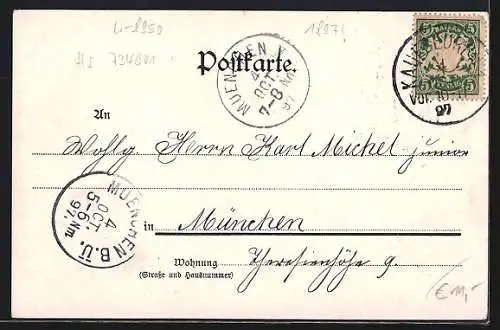 Lithographie Kaufbeuren, Stadtpanorama vom Wasser aus, Adlerpaar, Blumenornament-Rahmen